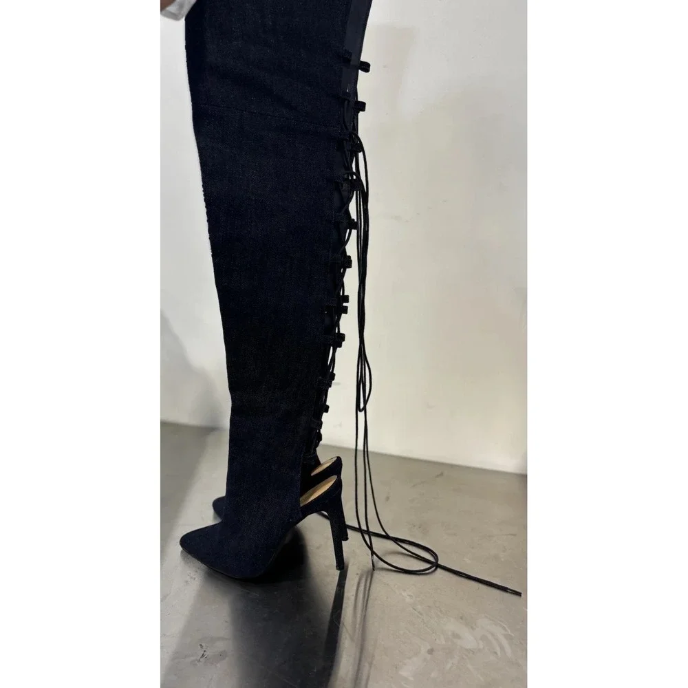 Women's Over The Knee Boots Thigh Denim Platform High Heel Lace Up Birthday 6.5